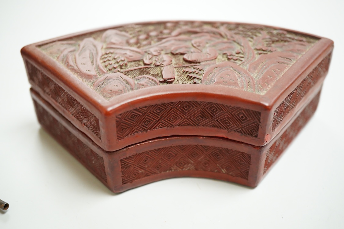 Two Chinese cinnabar lacquer boxes and a Chinese archaistic miniature bronze tripod censer, rectangular lacquer box 11.5cm high x 7.5cm deep